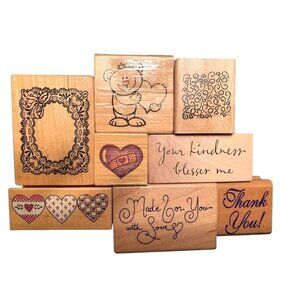 Rubber Stamps Wooden Lot Hearts Bear Thank You Kindness Craft Set
